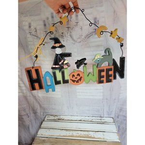 Halloween witch cat Bat country folk hanging home decor sign large